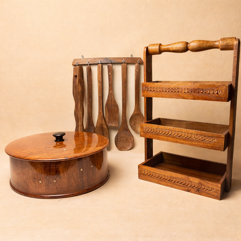 Hand-Carved 3-Tier Wooden Spice & Utility Rack