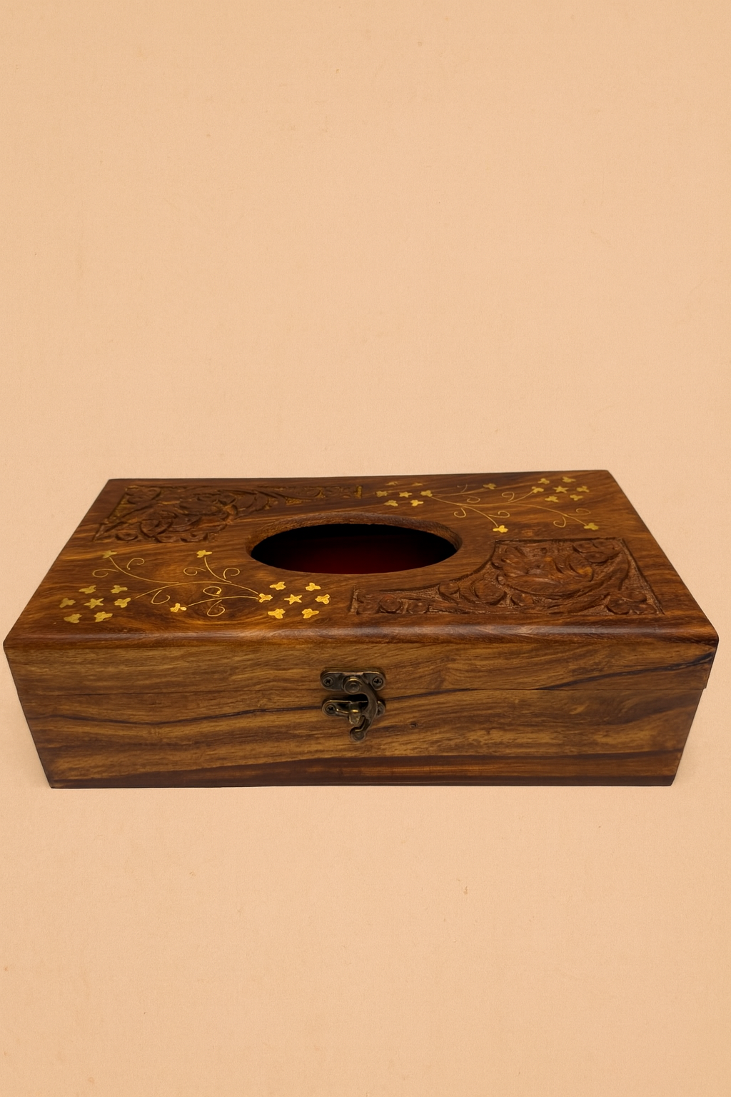 Hand-Carved Wooden Tissue Box with Brass Inlay
