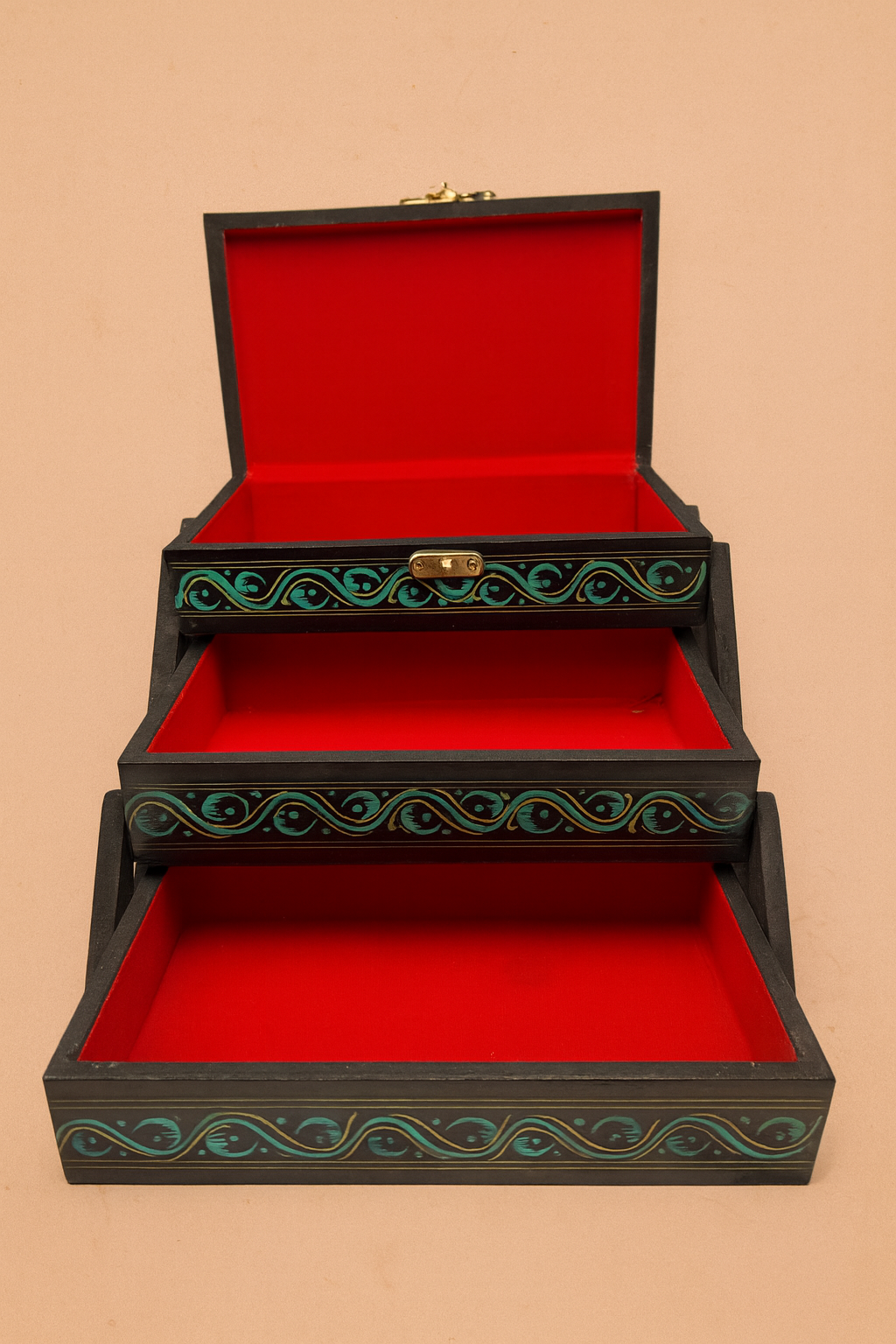 Hand-Nakshe Wooden Jewelry Box – Red & Gold Motif