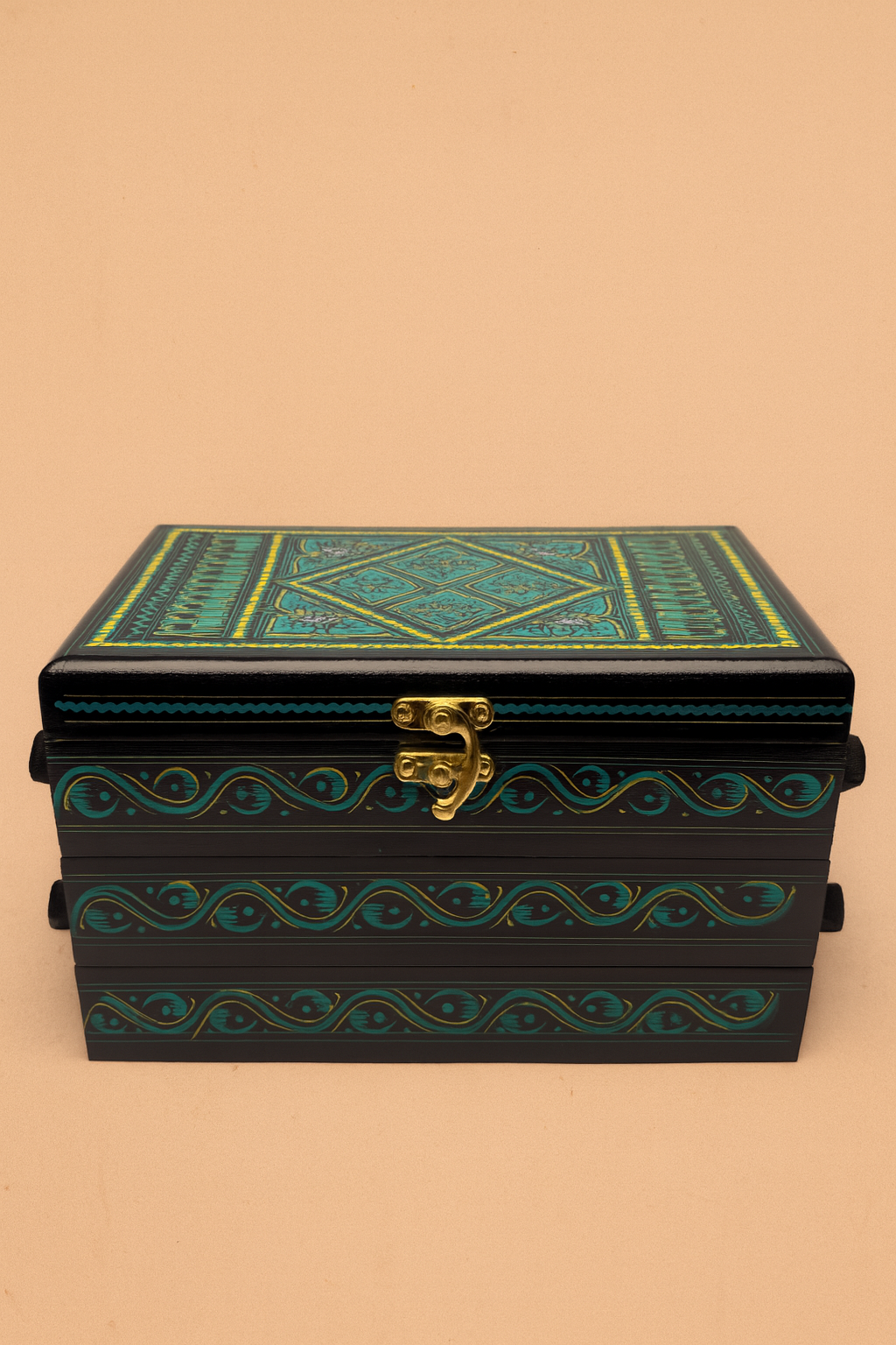 Hand-Nakshe Wooden Jewelry Box – Red & Gold Motif