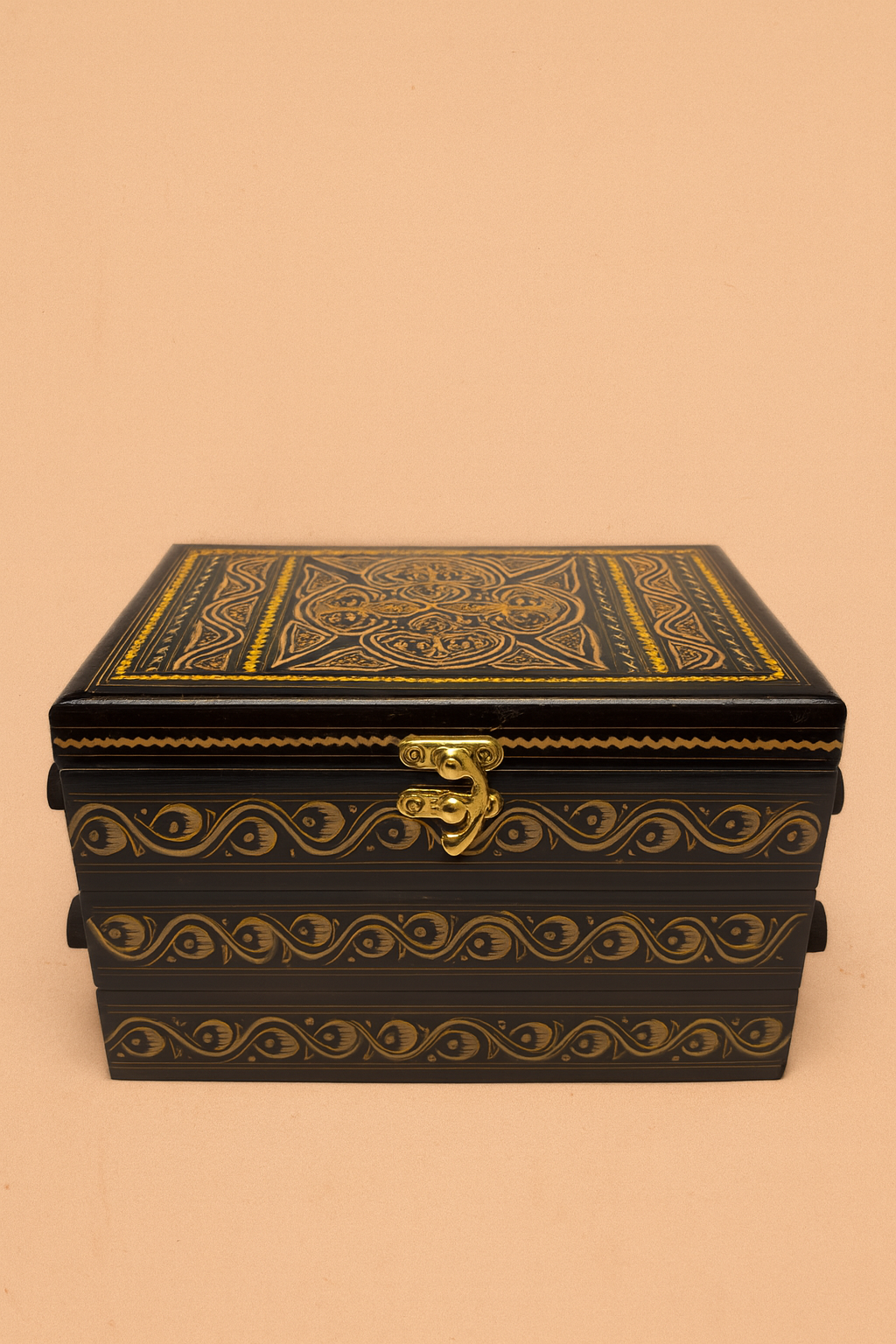 Hand-Nakshe Wooden Jewelry Box – Red & Gold Motif