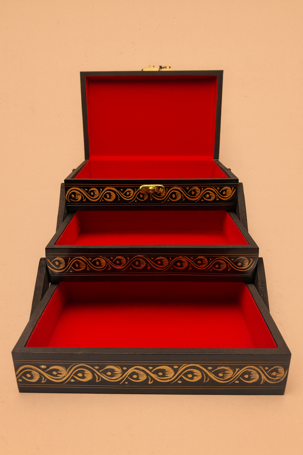 Hand-Nakshe Wooden Jewelry Box – Red & Gold Motif
