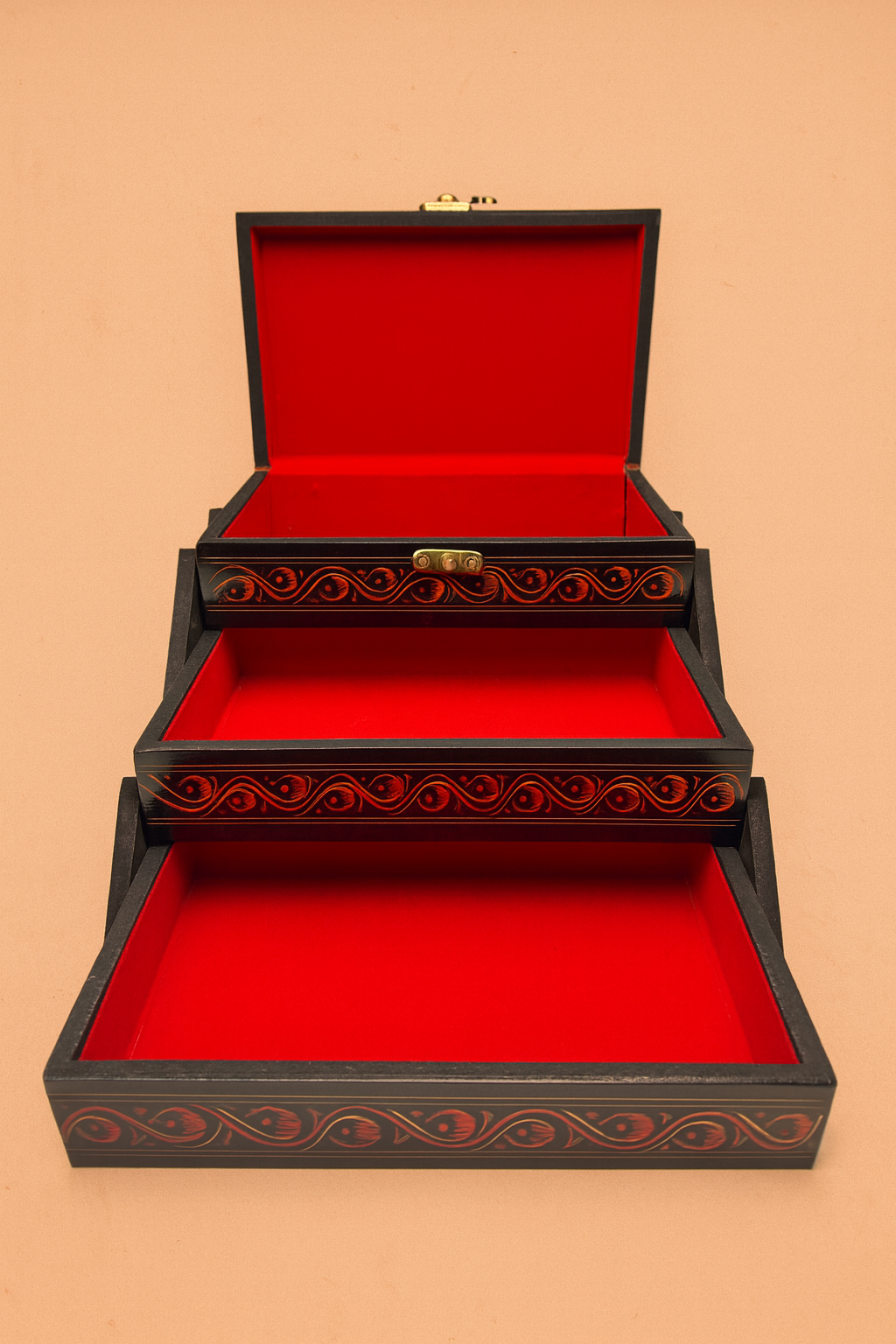 Hand-Nakshe Wooden Jewelry Box – Red & Gold Motif