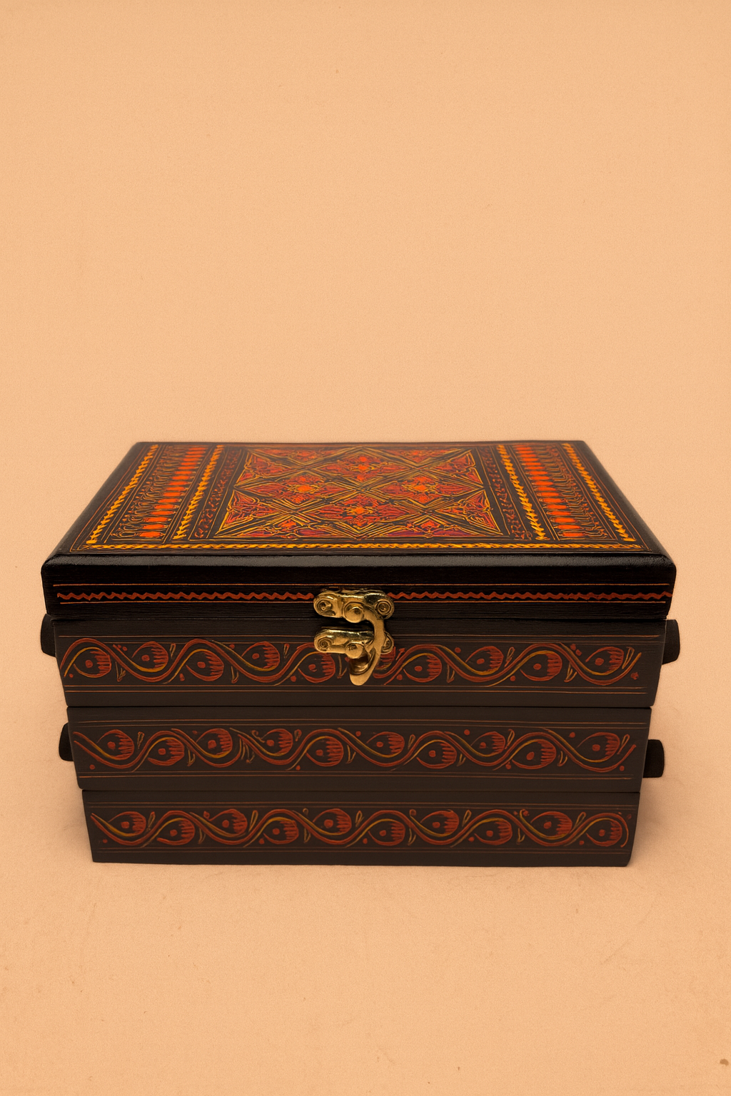 Hand-Nakshe Wooden Jewelry Box – Red & Gold Motif