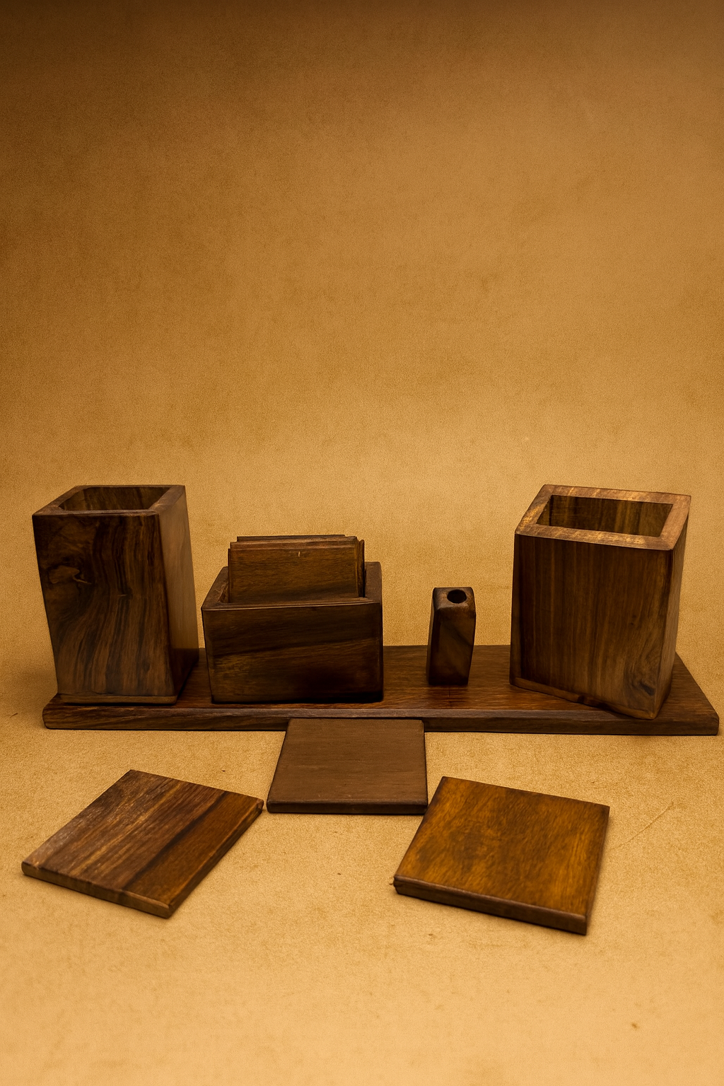 Premium Walnut Wooden Desk Organizer with Coasters