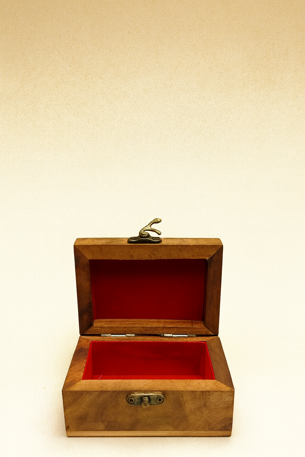 Open Hand-Carved Wooden Jewelry Box with Red Velvet Lining