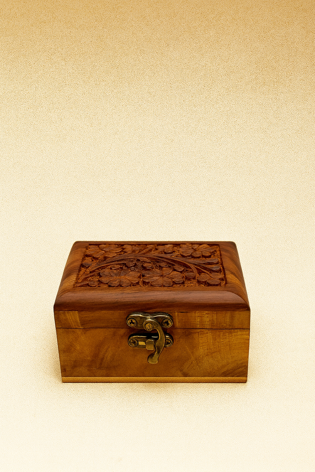 Open Hand-Carved Wooden Jewelry Box with Red Velvet Lining