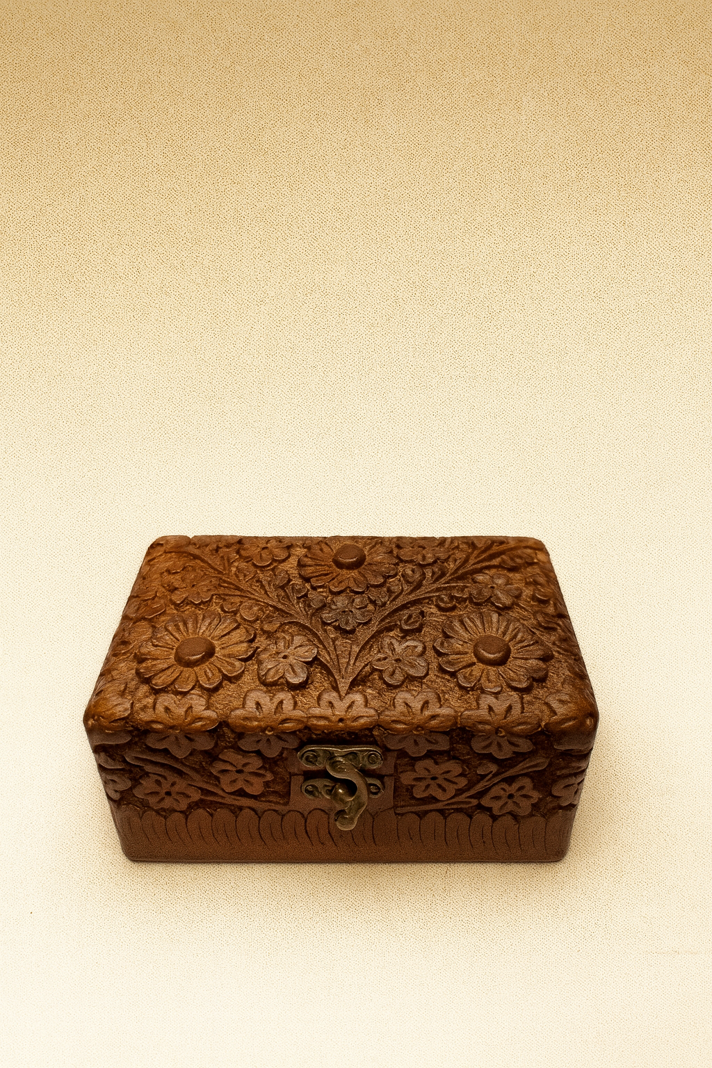 Open Hand-Carved Wooden Jewelry Box with Red Velvet Lining