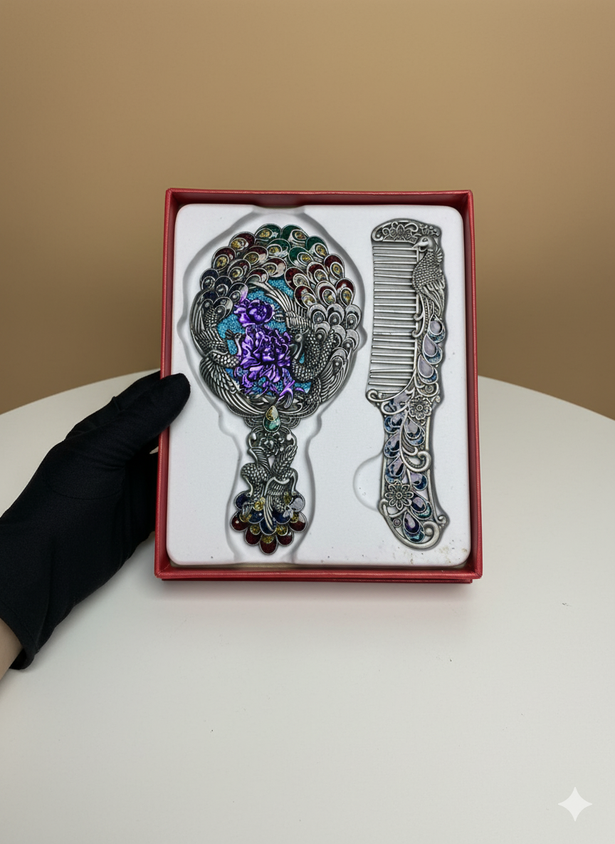 Artisanal Peacock Mirror and Comb Set