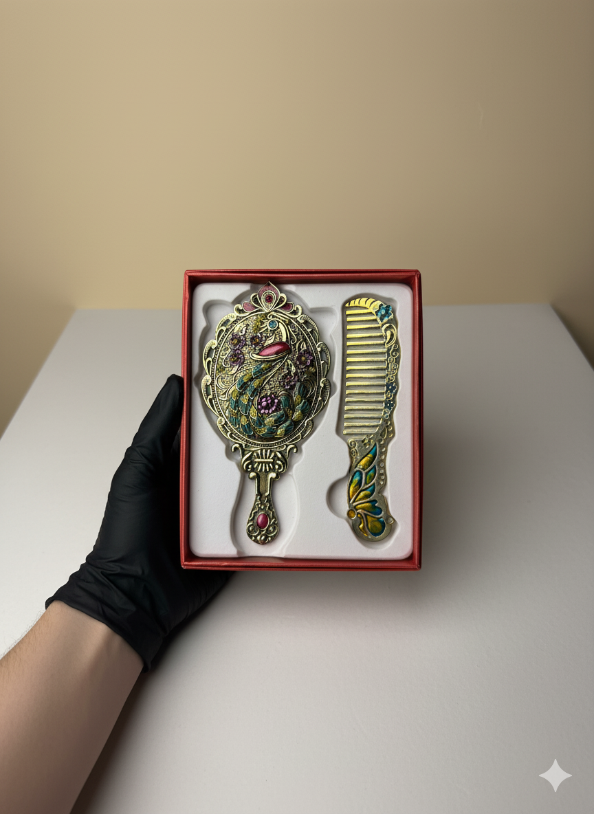 Elegant Peacock Hand Mirror and Comb Set Antique Gold