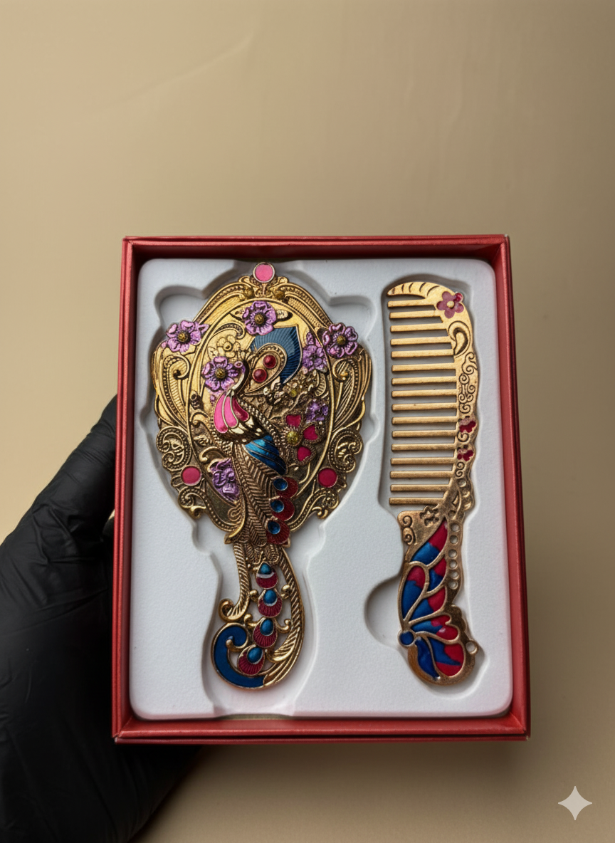 Golden Artisanal Hand-Painted Mirror Set