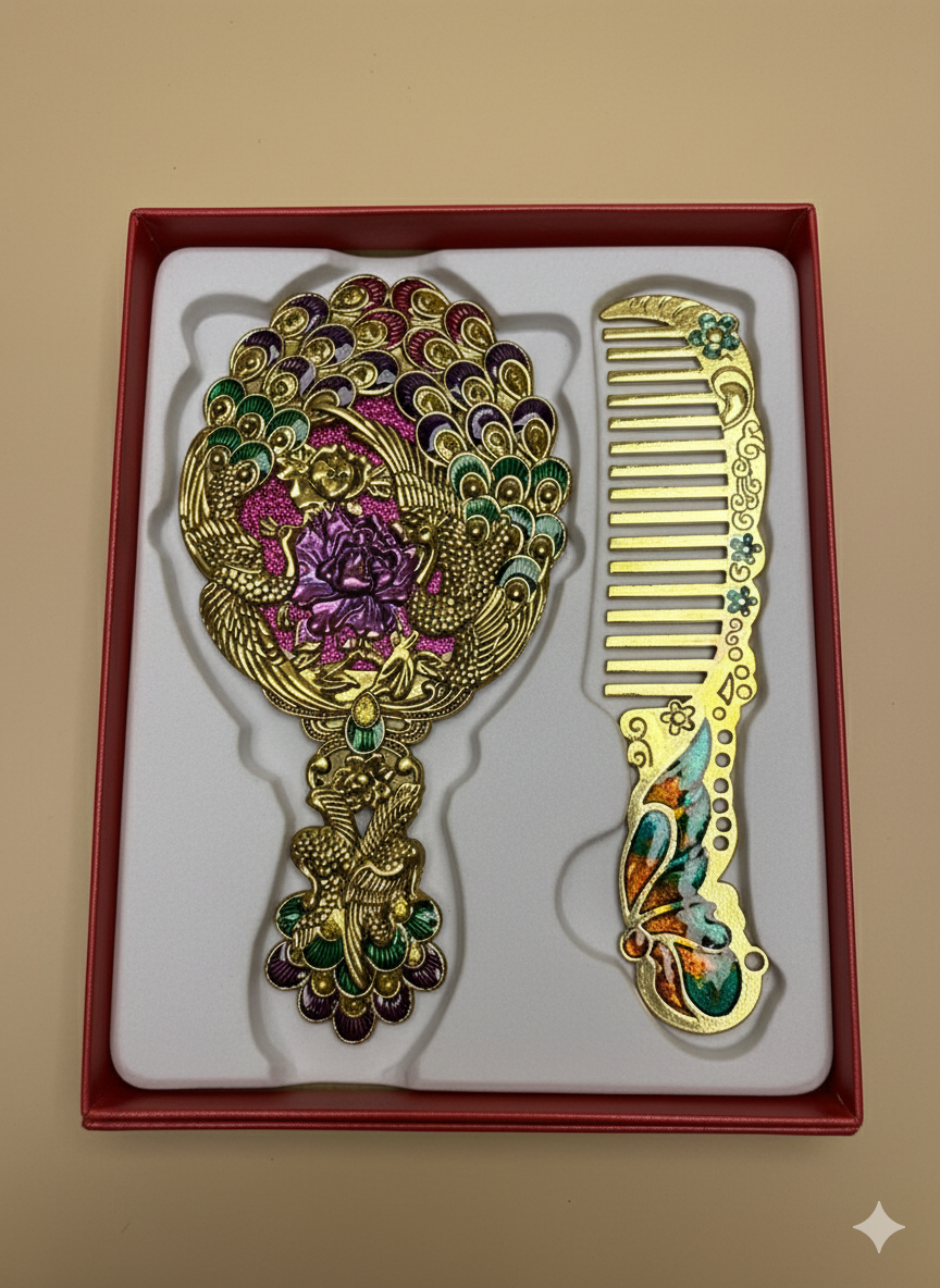 Ornate Golden Peacock Hand Mirror Set
