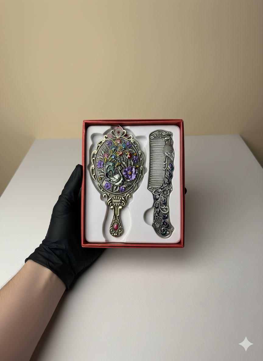 Vintage Silver Peacock Mirror and Comb Set