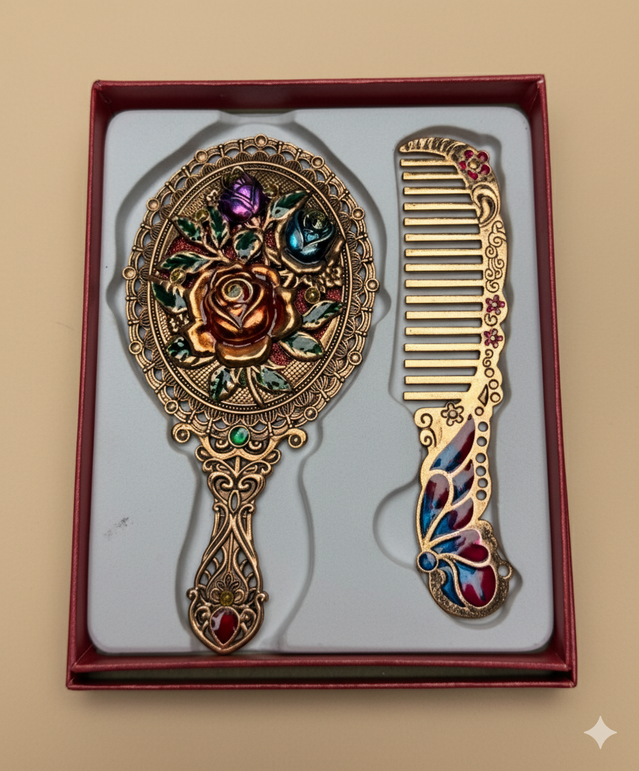 Vintage Floral Hand Mirror and Comb Set