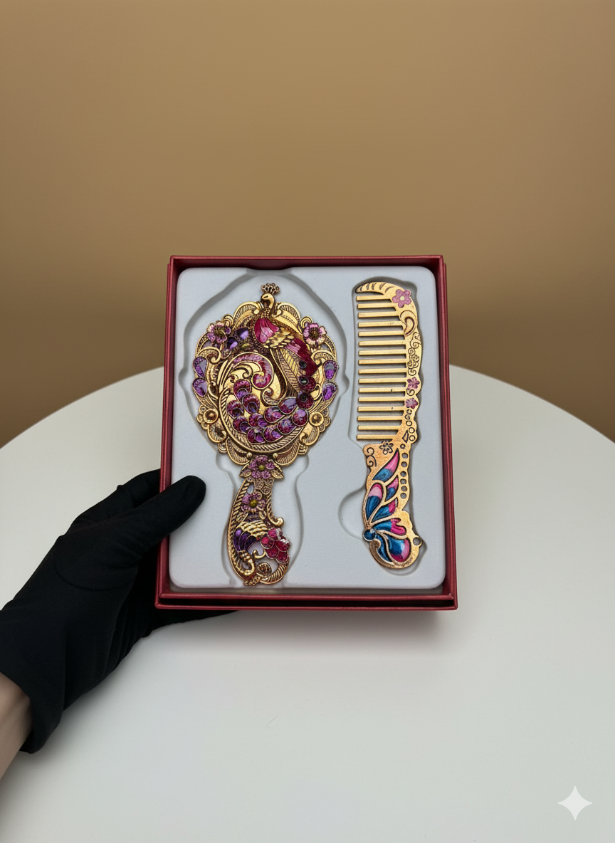 Gilded Peacock Hand Mirror and Comb Set