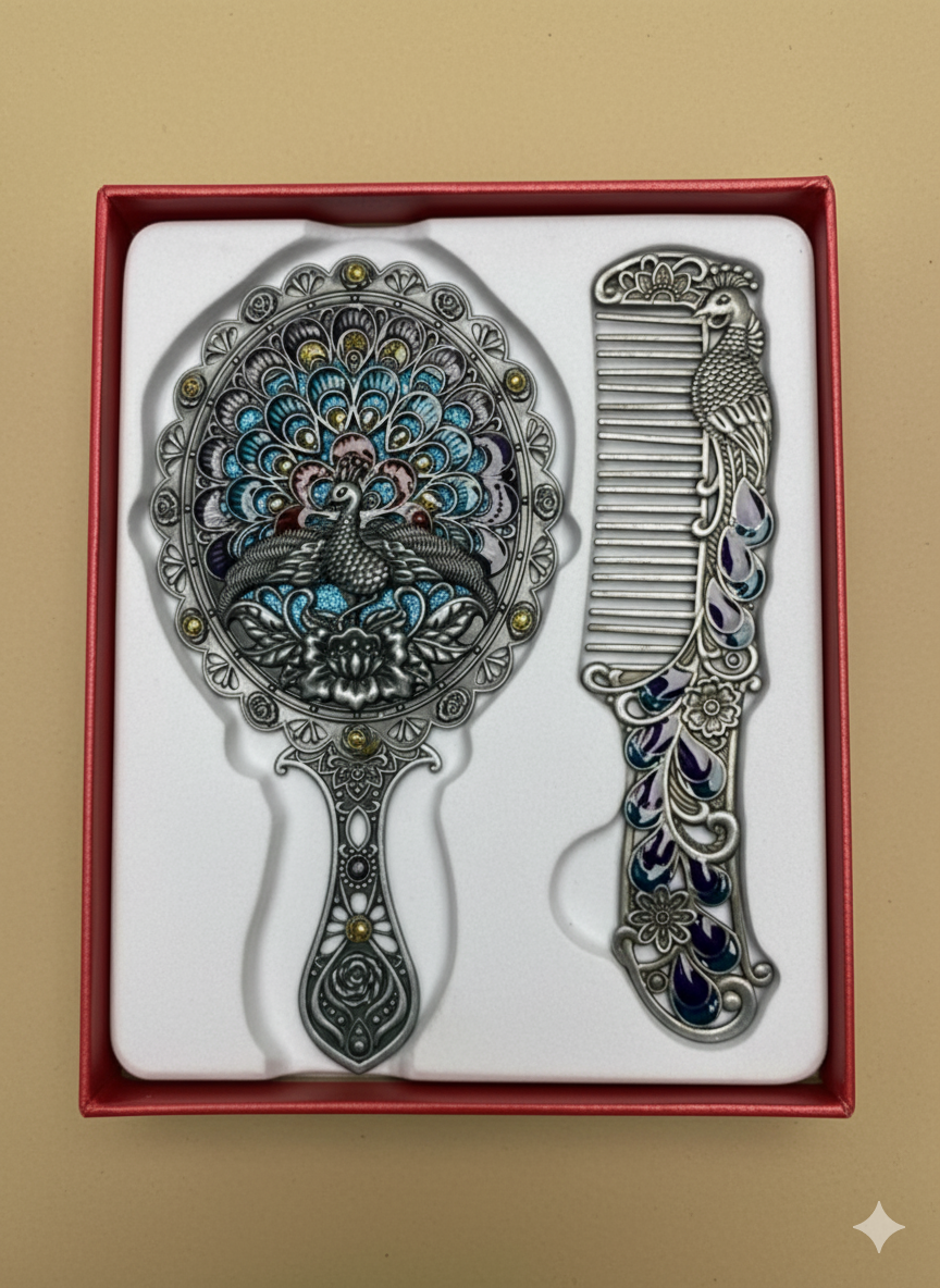 Artisanal Silver Peacock Vanity Set