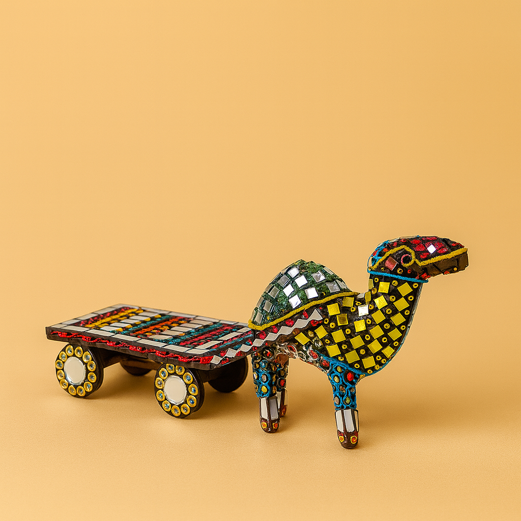 Handcrafted Mosaic Camel Cart Figurine