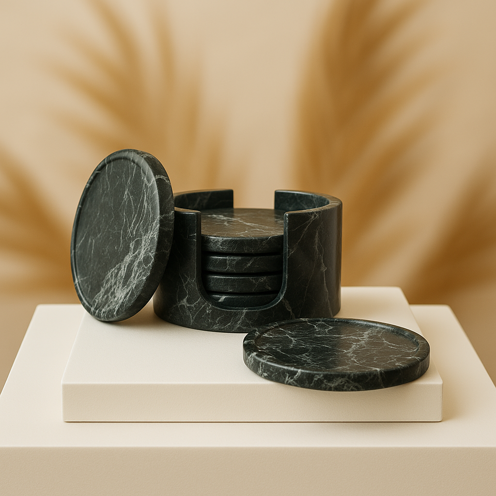 Marble Coaster Set with Holder – 6 Pieces