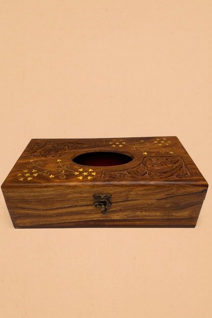 Hand-Carved Wooden Tissue Box with Brass Inlay