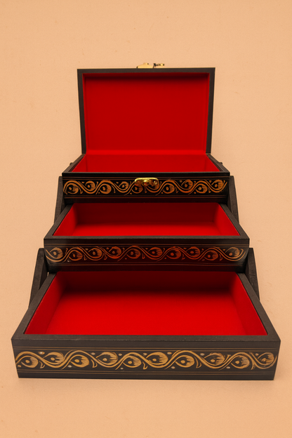 Hand-Nakshe Wooden Jewelry Box – Red & Gold Motif