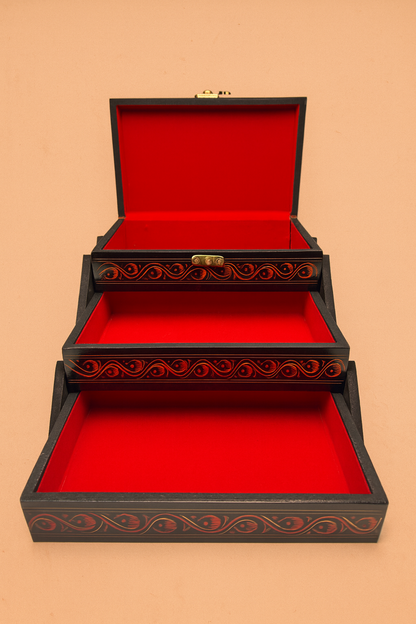 Hand-Nakshe Wooden Jewelry Box – Red & Gold Motif