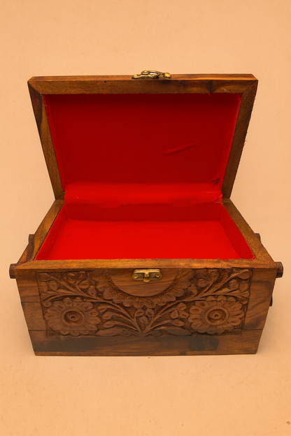 Hand-Carved Wooden Floral Jewelry Box (M)