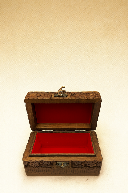 Open Hand-Carved Wooden Jewelry Box with Red Velvet Lining