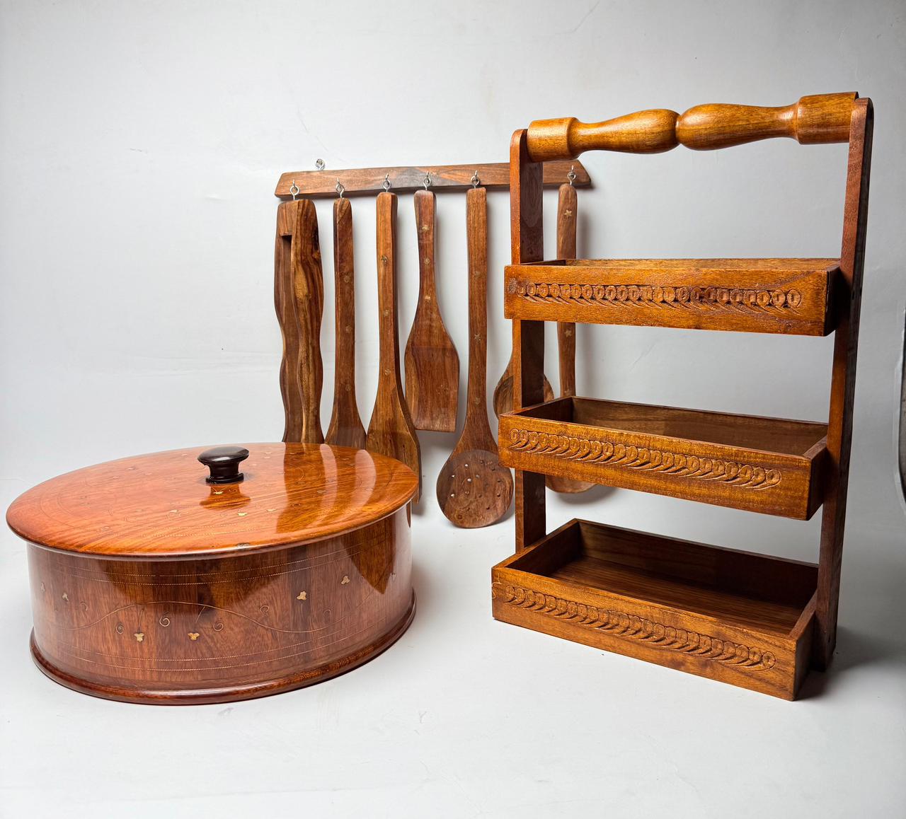 Hand-Carved 3-Tier Wooden Spice & Utility Rack