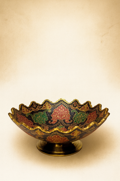 Hand-Painted Brass Floral Bowl with Stand