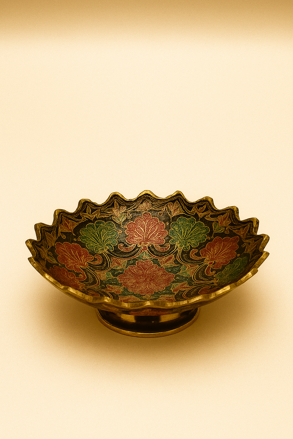 Hand-Painted Brass Floral Bowl with Stand