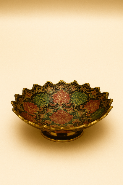 Hand-Painted Brass Floral Bowl with Stand